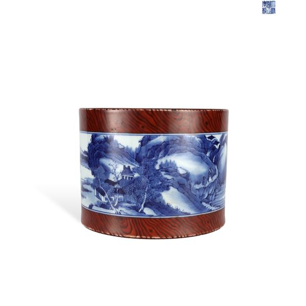 QING DYNASTY YONGZHENG WOOD GRAIN GLAZE BLUE AND WHITE LANDSCAPE FIGURE PEN HOLDER