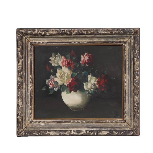 VASE OF ROSES, FERNAND TOUSSAINT (BELGIAN, 1873-1955), ATTRIBUTED TO,OIL ON CANVAS, ORIGINAL PERIOD 