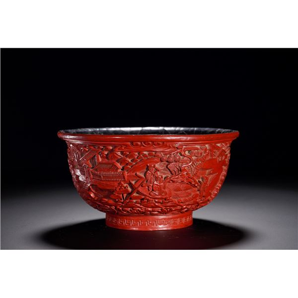 QING DYNASTY RED LACQUERWARE BOWL WITH LANDSCAPE AND FIGURE PATTERNS
