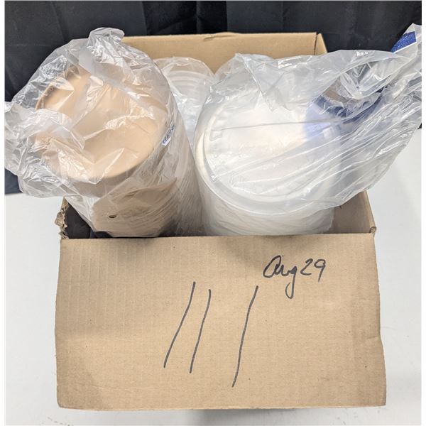 Plastic and paper food storage/take out containers, with some lids