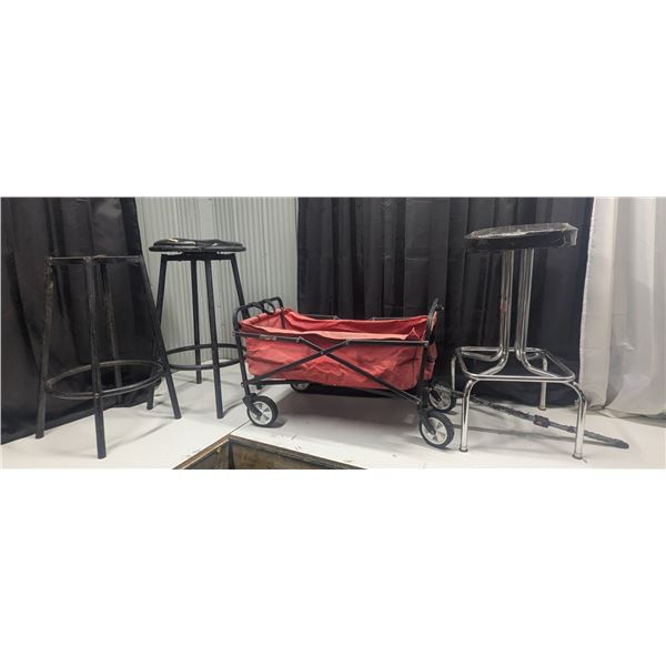 Stools with folding wagon, and extra stool legs