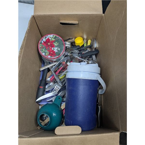 Box of cutlery and kitchen ware