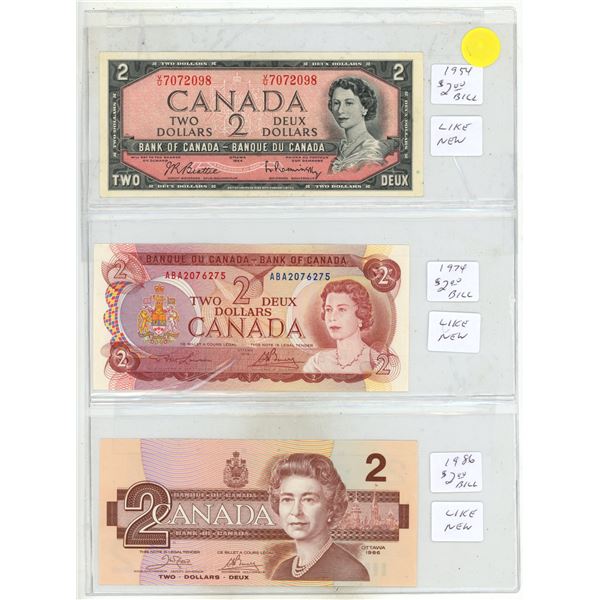 1954, 1974, 1986 Bank of Canada Two Dollars. (Uncirculated)