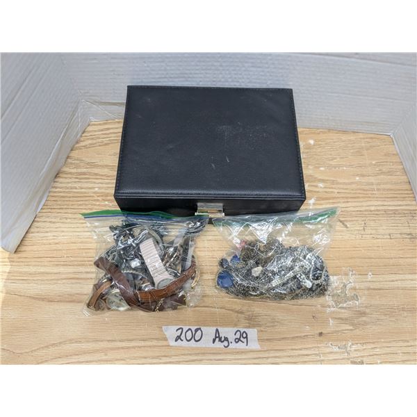 Jewellery box with 1 bag mixed watches, with one bag necklaces etc.