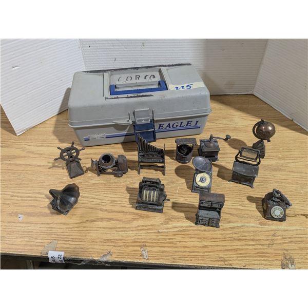 Small Brass Pencil Sharpeners in Plastic Tackle Box
