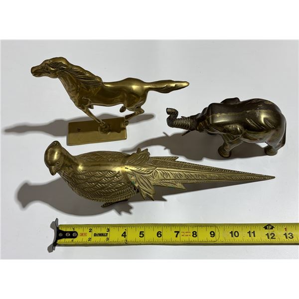 (3) Brass Animal Figurines (Horse, Elephant, Pheasant) -2.25kg total