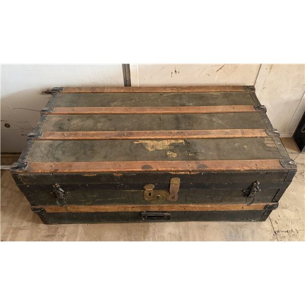 Vintage Flat-Top Canvas & Wood Steamer Trunk – 13.5”H x 35.5”L x 19.5[x=#