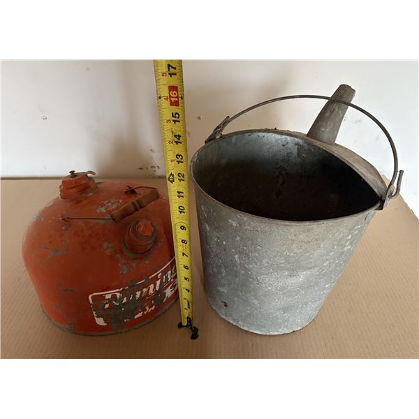 Galvanized Bucket & Red Metal Gas Can