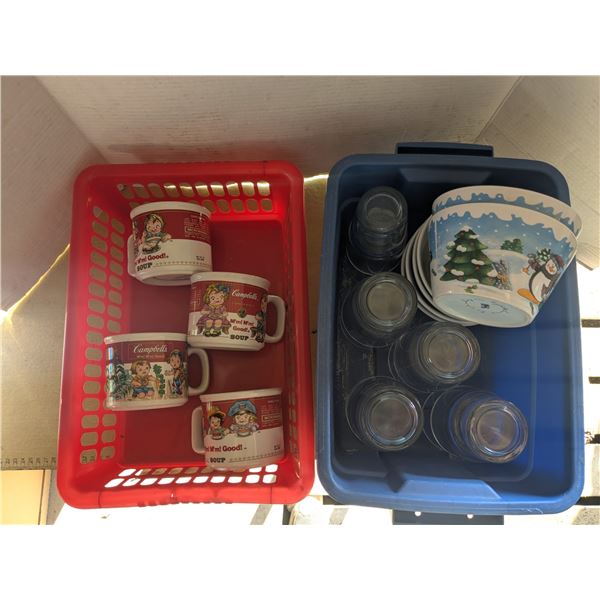8 drinking glasses, 6 christmas bowls, 4 vintage campbells soup cups