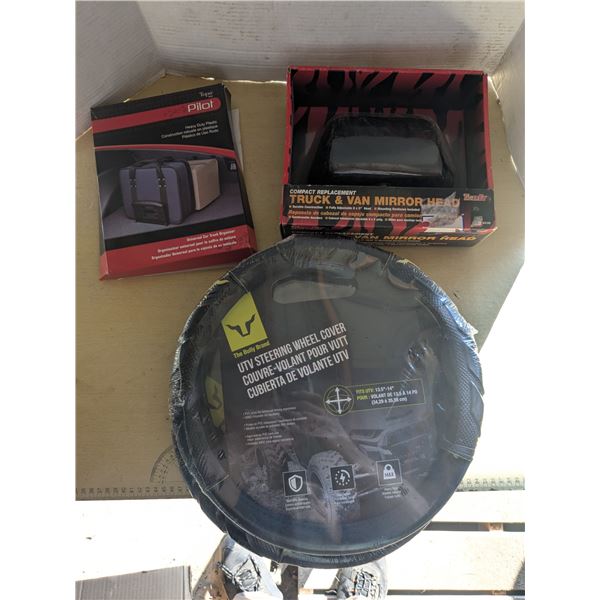 Vehicle accessories, new in box, Trunk organizer, 14" steering wheel covers, replacement mirror