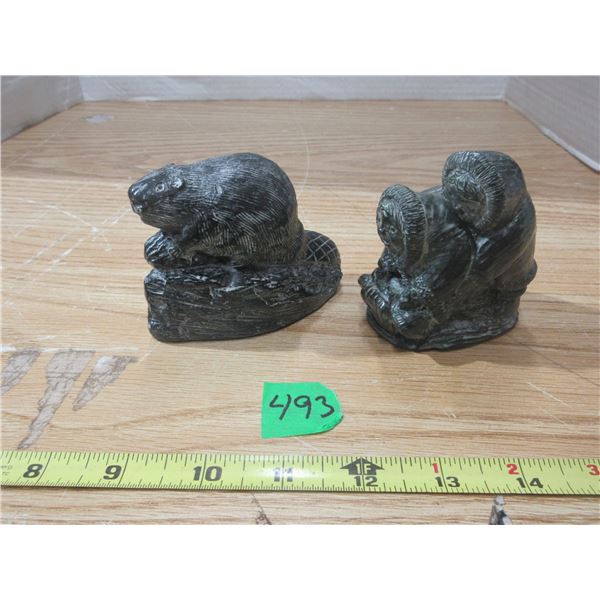 (2) Soap Stone Inuit Kids Onsled + Beaver Stamped Wolf