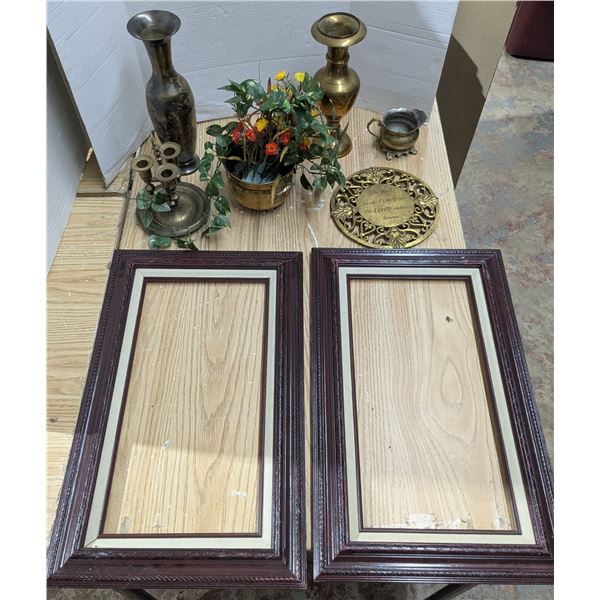 Home Decor- Picture frames (26x16"), brass vases, candle holder, etc