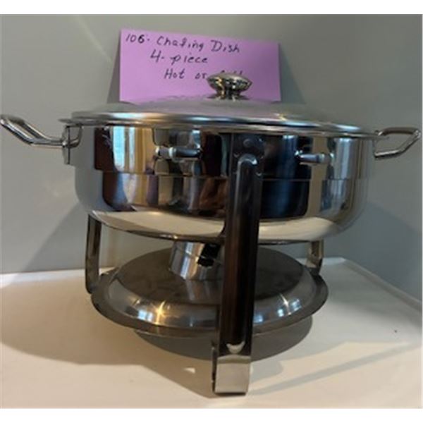 Chafing Dish Buffet Set.  New.  C/W Stand, Fuel Can Holder, Water Tray, Food Tray, and Lid.
