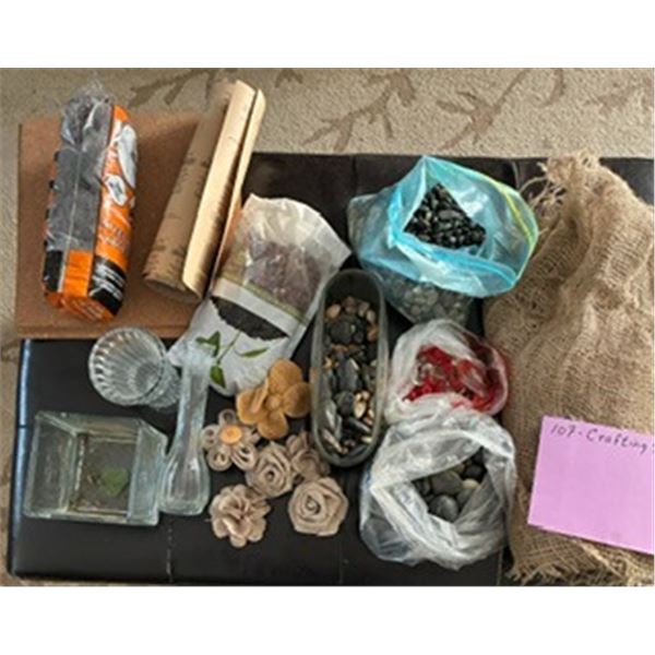 Crafting Supplies.  Includes a variety of decorative gravel/pebbles, vases, burlap, corkboard, steel