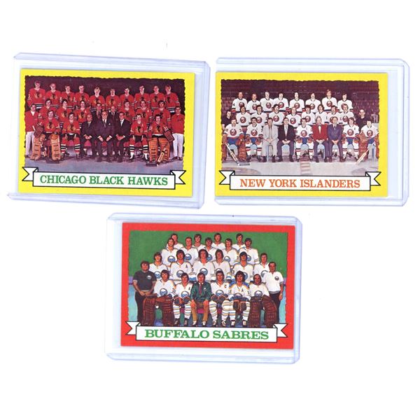 (3) 1973-74 Topps Team Photo Cards – #94 Buffalo Sabres, #96 Chicago Black Hawks, #101 NY I