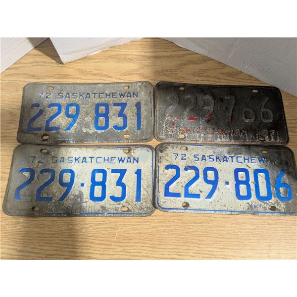 (4) Vintage Sask License Plates inc. Pair of 1972 Sask License Plates