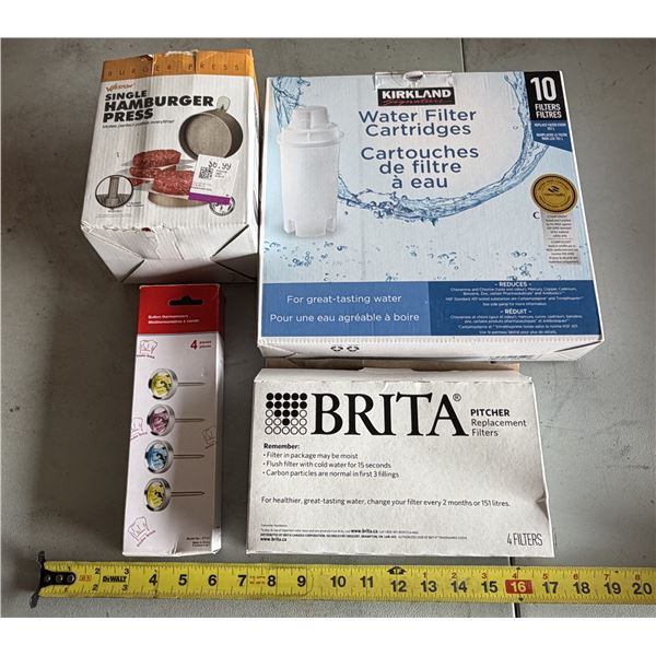 Weston single hamburger press, a 10-pack of Kirkland Signature Water Filter Cartridges, a 4-pack of 