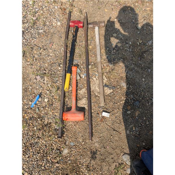 2 sledge hammers with a deadblow hammer and 2 XXL prybars