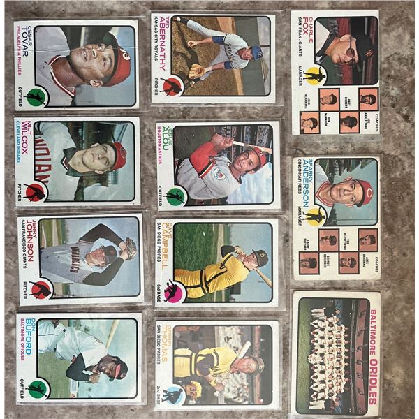1973 Topps Baseball lot of 11 cards in penny sleeves. Orioles Team Card.