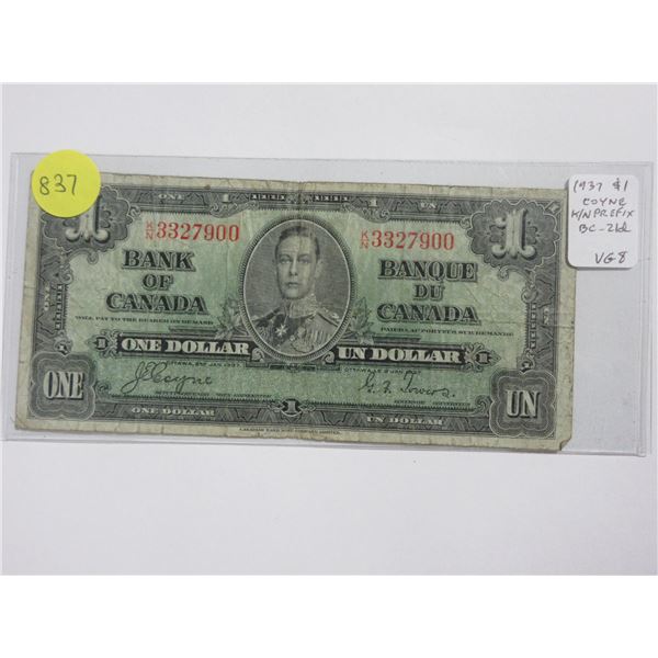 1937 $1. Coyne-Towers signatures. K/N Prefix. BC-21d. VG8.