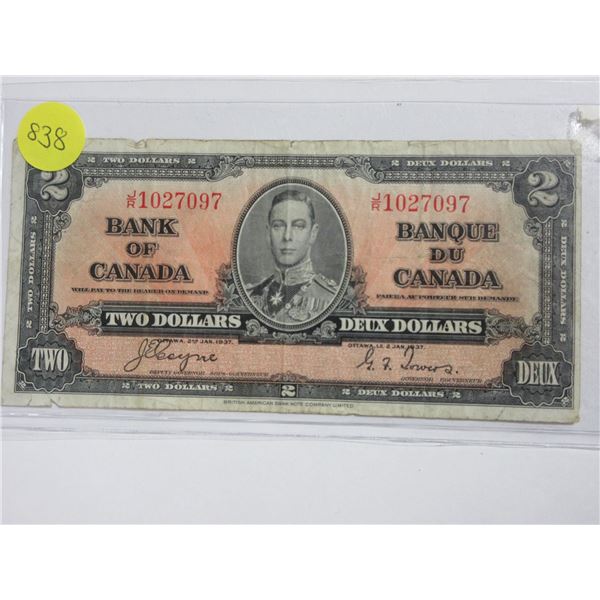 1937 $2. Coyne-Towers signatures. J/R Prefix. BC-22c. Fine-12.