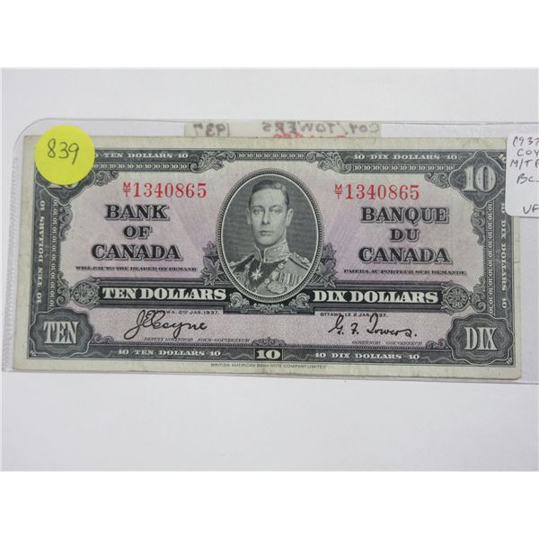 1937 $10. Coyne-Towers signatures. M/T Prefix. BC-24c. VF20.