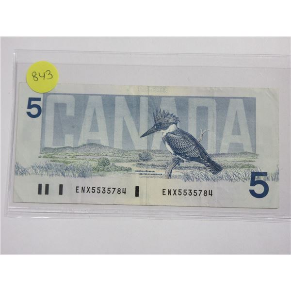 1986 $5 Replacement. Thiessen-Crow signatures. ENX Replacement Prefix. Blue Back Position Number. BC