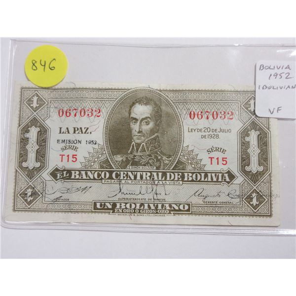 Bolivia. Central Bank of Bolivia. 1952 1 Boliviano. Simon Bolivar. VF.