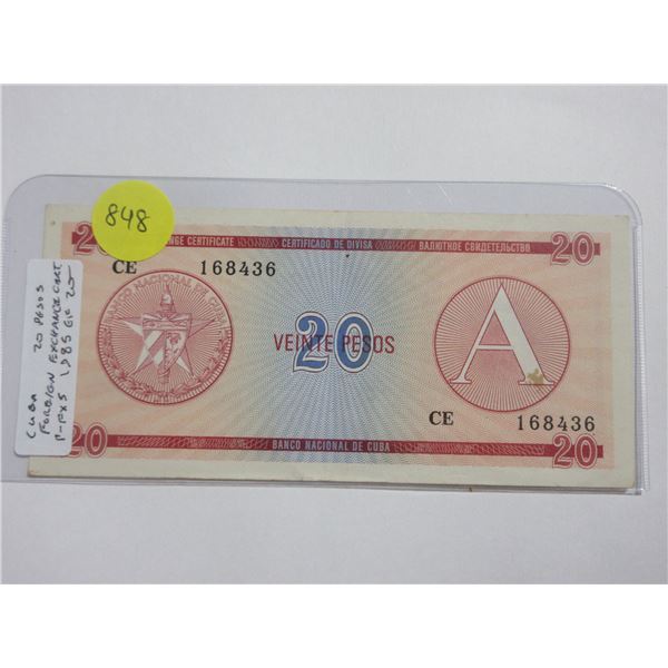 Cuba. 1985 20 Pesos Foreign Exchange Certificate. Havana Fort built in 1577. EF.