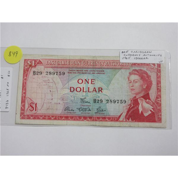 East Caribbean States. 1965 $1. Queen Elizabeth with map of the islands/palm tree with beach. VF.