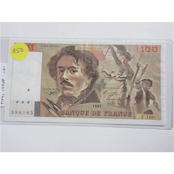 France. 1991 100 Francs. Marianne holding flag. VF.
