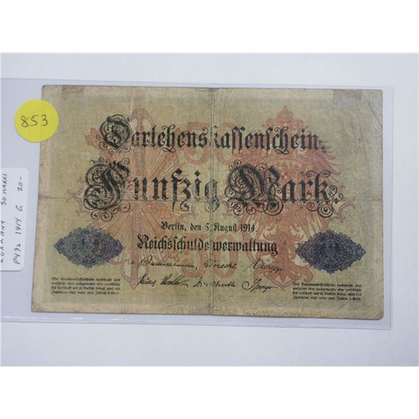 Germany – Empire. 1914 50 Mark Darlehenskassenschein. Issued during the first year of World