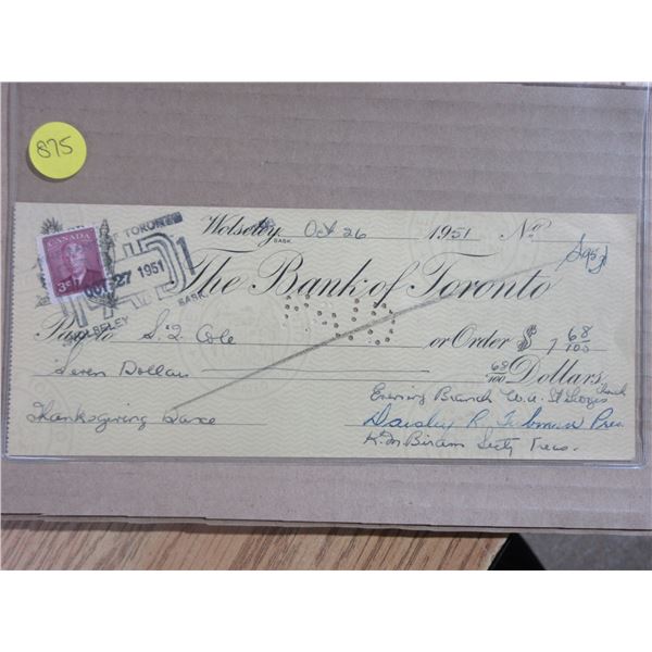 Bank of Toronto Cancelled Cheque from Wolseley, Sask. Dated 1951 for $7.68 for Thanksgiving Dance fr
