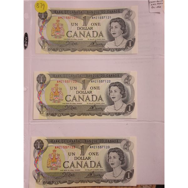 Bank of Canada. Set of 3 1973 $1 notes with Consecutive Serial Numbers. Crow-Bouey signatures. AMZ P