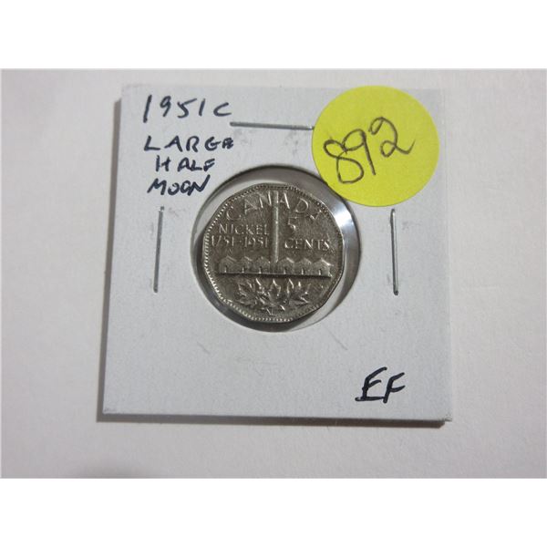 1951c Large Half Moon Nickel 5 Cents. This Error is made from Clashed Dies. EF.