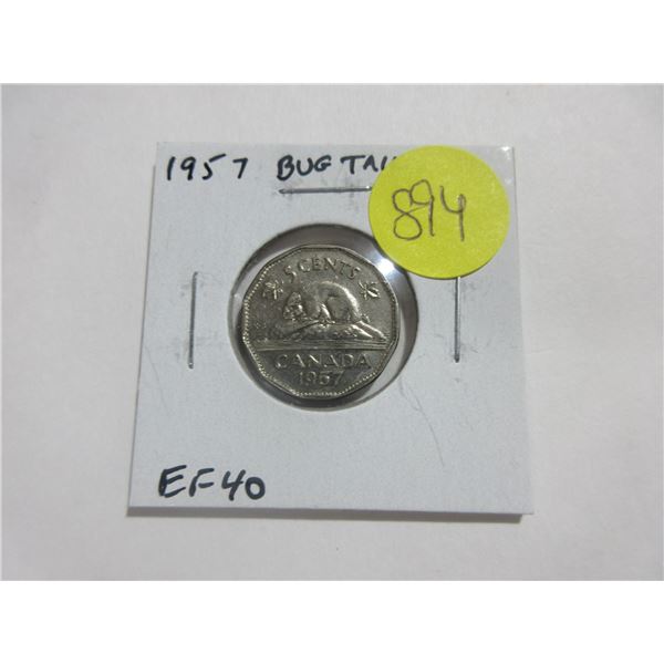 1957 Bug Tail Nickel 5 Cents. There is a small Die Chip on the end of the beaver’s tail tha