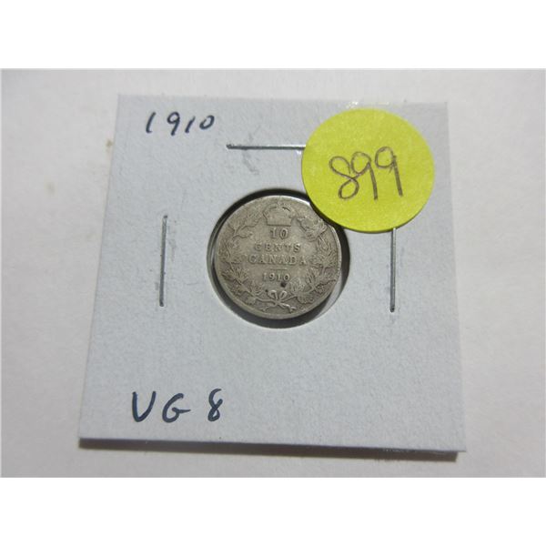 1910 Canadian Silver 10 Cents. The last issue of King Edward VII. VG8.