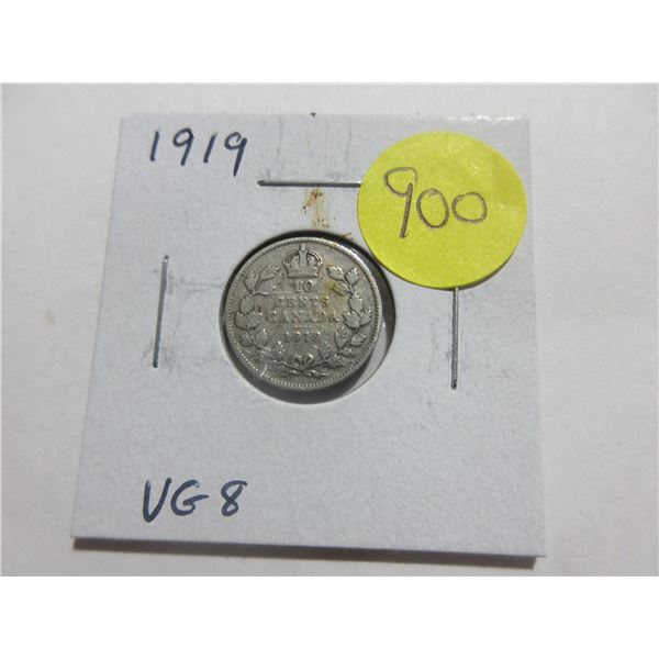 1919 Canadian Silver 10 Cents. VG8.