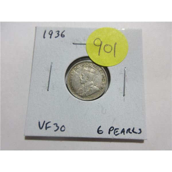 1936 Canadian Silver 10 Cents. The last issue of King George V. VF30 with 6 Pearls.