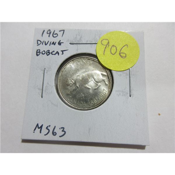 1967 Diving Bobcat Silver 25 Cents. There is a Die Rotation so that it appears that the Bobcat is Di