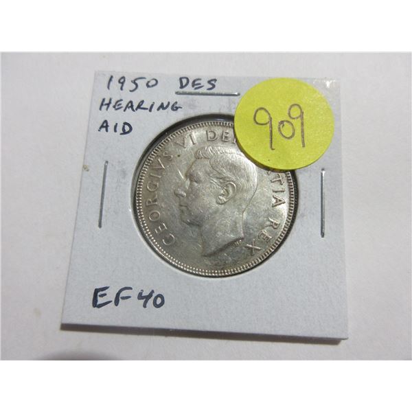 1950 Design Silver 50 Cents with Hearing Aid in the King’s Ear from a Die Clash. EF40. Scar