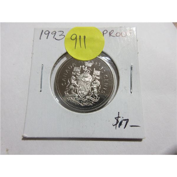 1993 50 Cents. Proof with Ultra Heavy Cameo. Bright White.