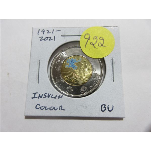 1921 – 2021 Colourized Insulin $2 Toonie. Commemorates the discovery of Insulin by Canadian