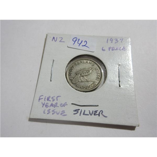 New Zealand. 1937 6 Pence. First issue for King George VI. Silver. VF.