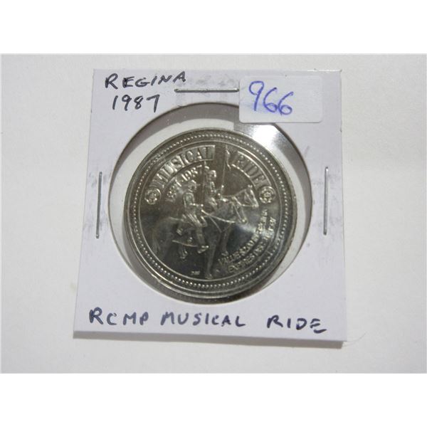 1987 Regina Trade Dollar. Commemorates the RCMP Musical Ride. Unc.