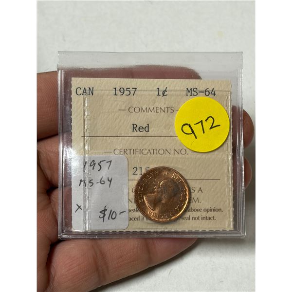 1957 1 Cent. ICCS certified and graded MS64 Red.