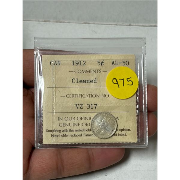 1912 Silver 5 Cents. ICCS certified and graded AU50 Cleaned.