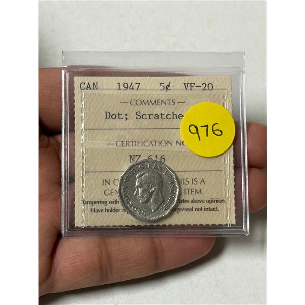 1947 Dot Nickel 5 Cents. ICCS certified and graded VF20 Dot, Scratches. Scarce.