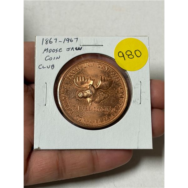 1867 – 1967 Moose Jaw Coin Club bronze Medal. BU Red.