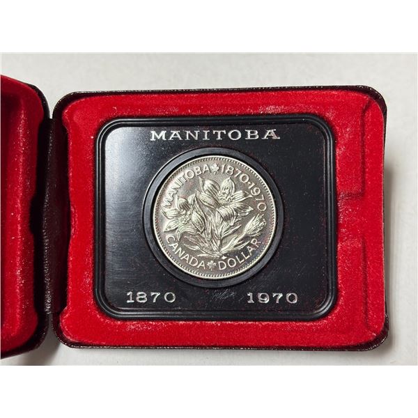1870 – 1970 Manitoba Centennial Nickel Dollar. Specimen. Housed in its original case.